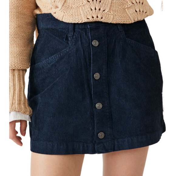 New Free People Ray Corduroy Button Front Mini Skirt in Ebony - Picture 1 of 4